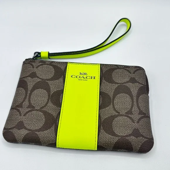 Coach Brown & Neon Yellow Wristlet / Gunmetal Hardware - Picture 1 of 1